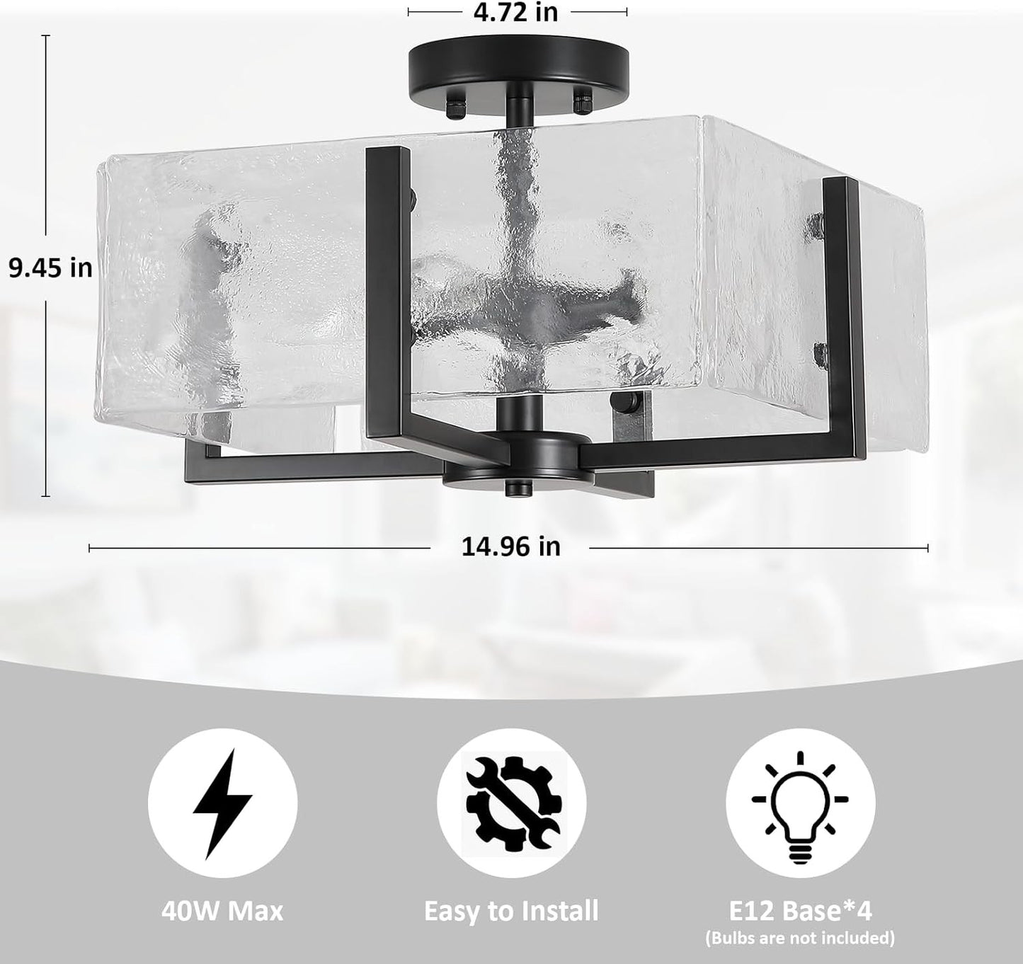 Coriander Black Rectangular Water Rippled Glass Ceiling Light