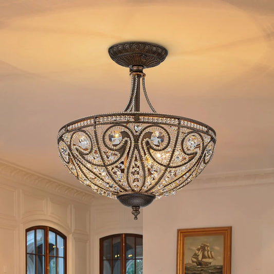 Ive Vintage Bronze Bowl 3-Light Crystal Semi Flush Ceiling Light