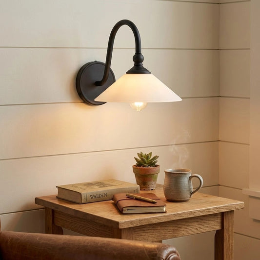 Cygnira Vintage Brass Glass Curved Neck Wall Light