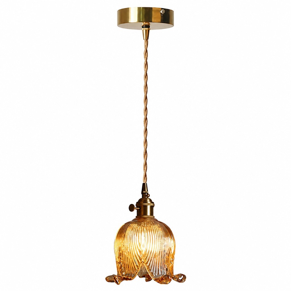 Fawen Retro Floral Ribbed Glass Shade Pendant Light