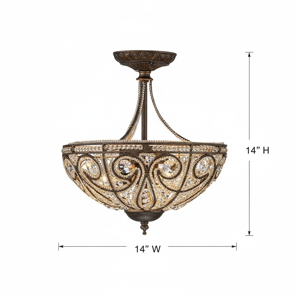 Ive Vintage Bronze Bowl 3-Light Crystal Semi Flush Ceiling Light