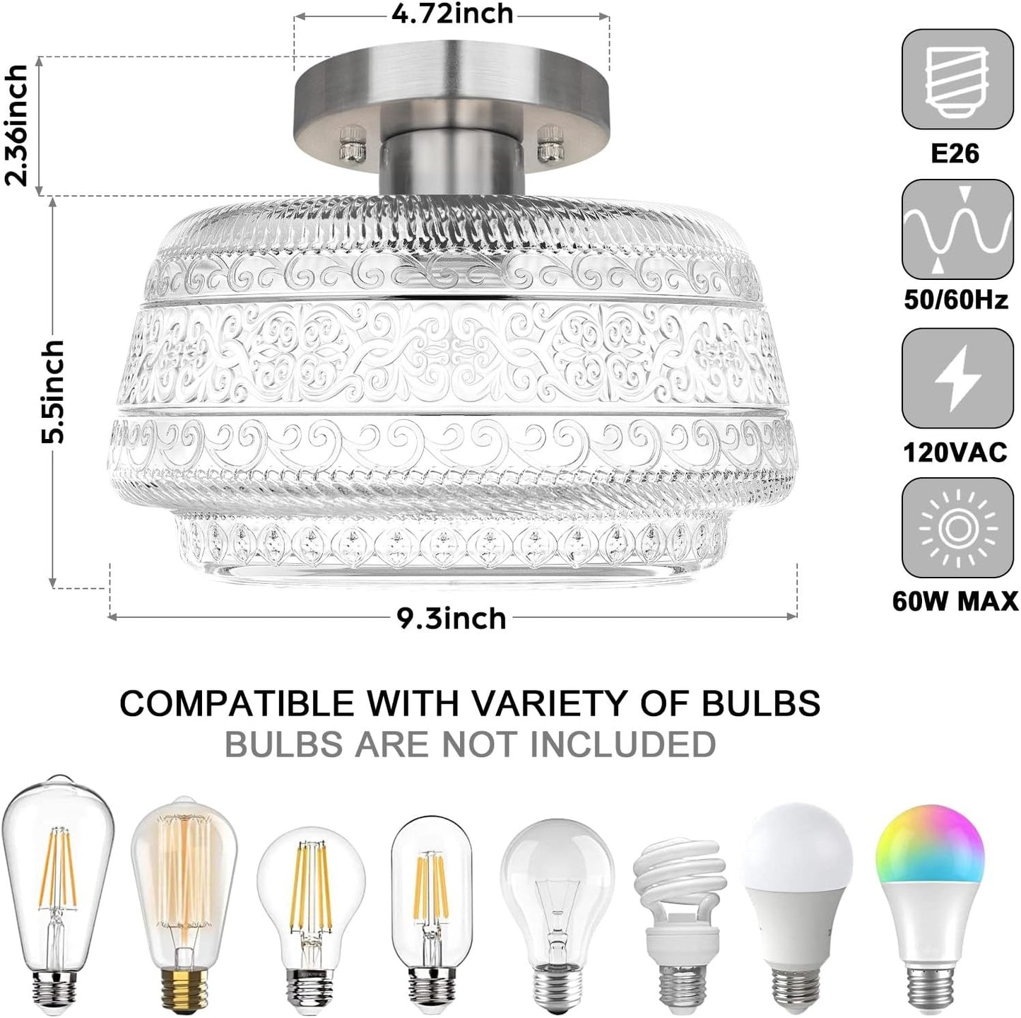 Ixionis Farmhouse Patterned Glass Semi Flush Mount Ceiling Light