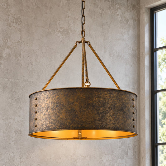 Ezra Vintage Bronze Industrial Pendant Light with Drum Shade