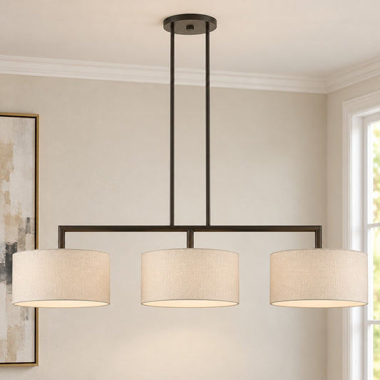Glythar Black 3 Light White Fibric Drum Shades Linear Chandelier