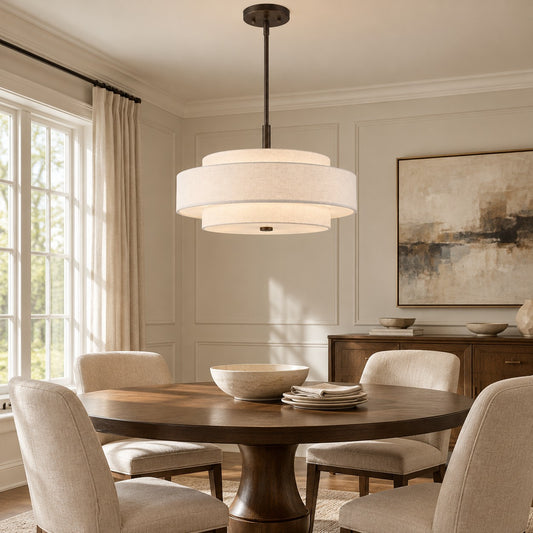 Harlow Linen Blend 5 Light Metal Double Tier Drum Pendant Light