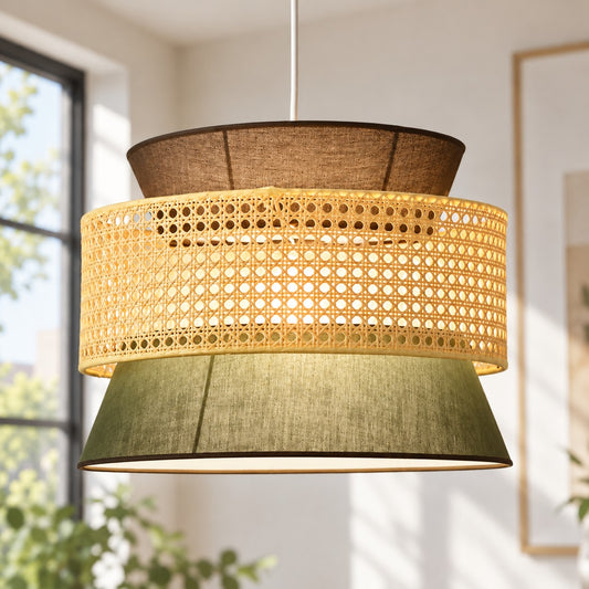 Lyzar Rustic Tiered Rattan Fabric Pendant Light