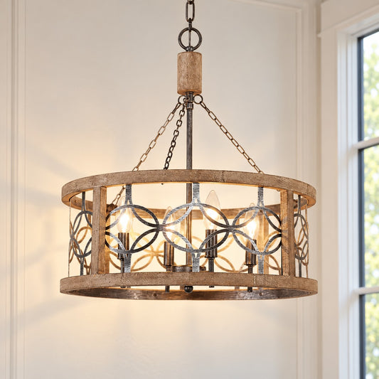 Wagner Farmhouse 4-Light Drum Wood Chandelier