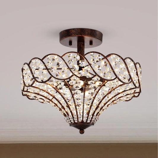 Kim Rustic Bronze 4-Light Crystal Semi-Flush Mount Ceiling Light