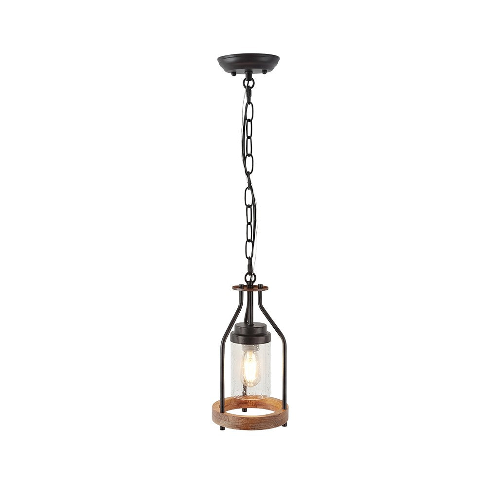 Doran Farmhouse Black Cage Cylinder Glass Pendant Light