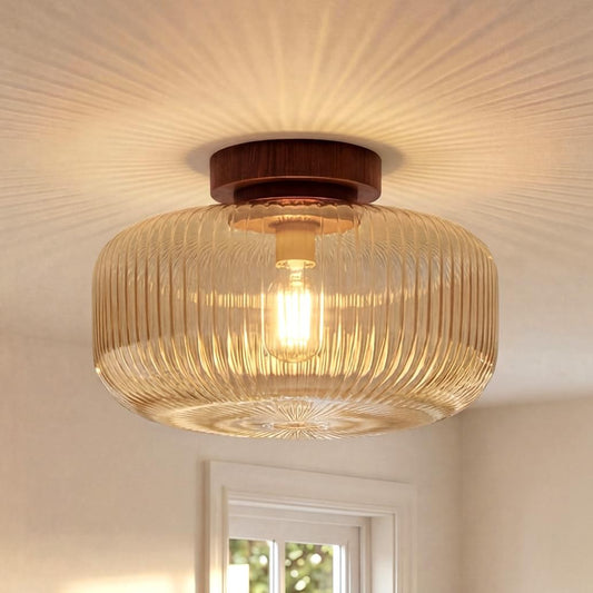 Octavius Farmhouse Retro Amber Fluted Glass Ceiling Light