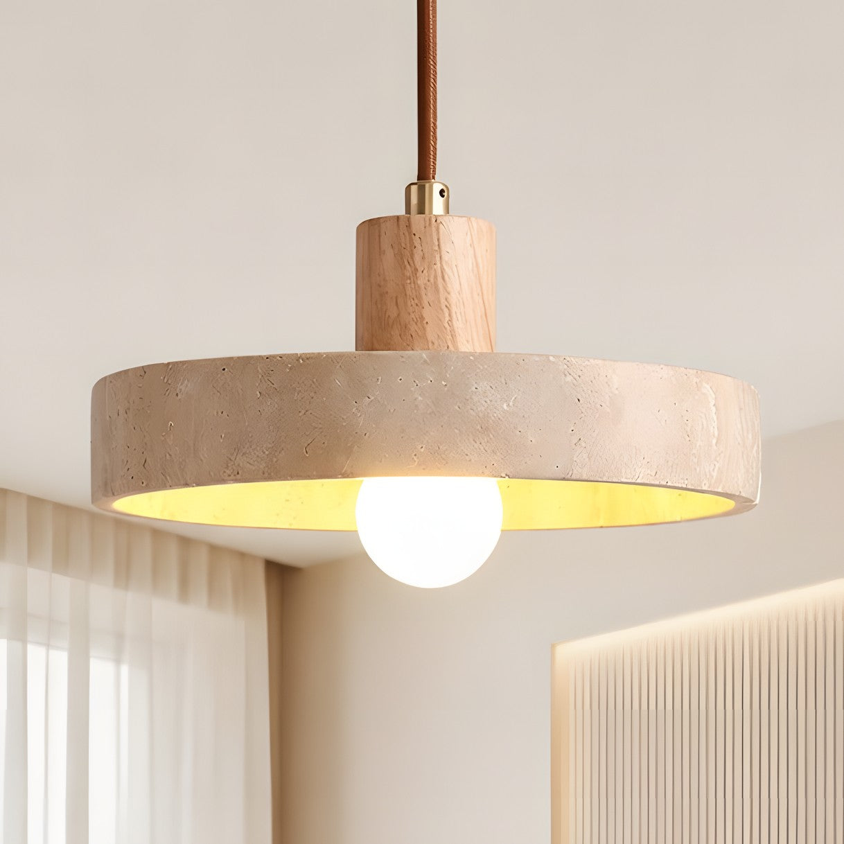 Harlow Wabi-Sabi Travertine & Wood Circular Pendant Light