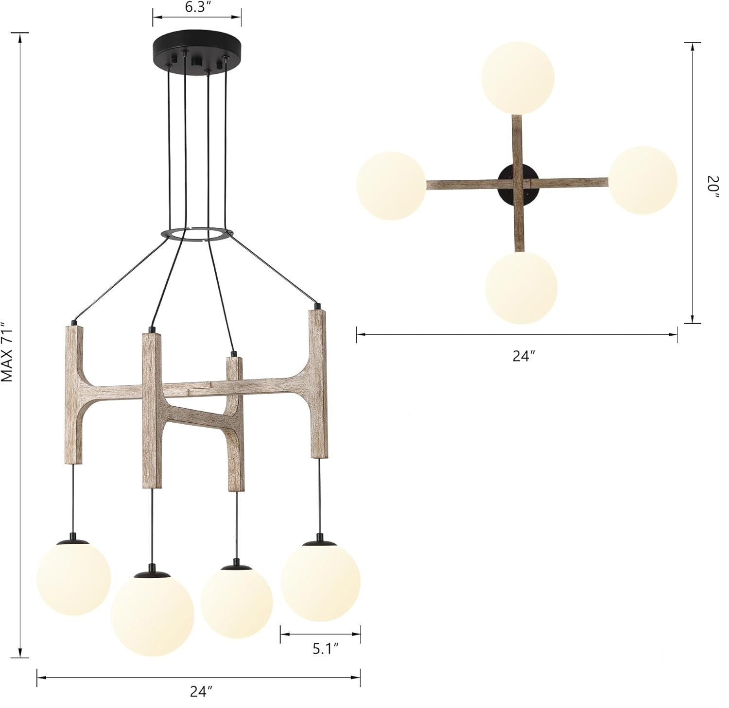 Astraea Farmhouse Wooden Branch Milk Glass Globe Chandelier