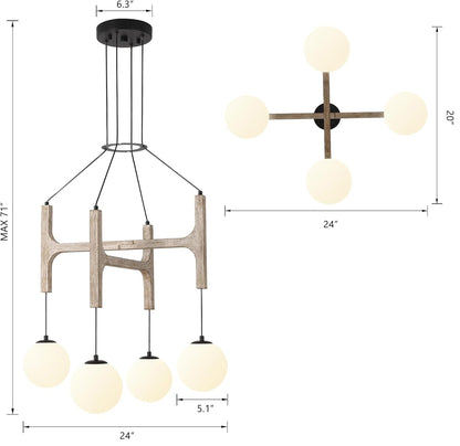Astraea Farmhouse Wooden Branch Milk Glass Globe Chandelier