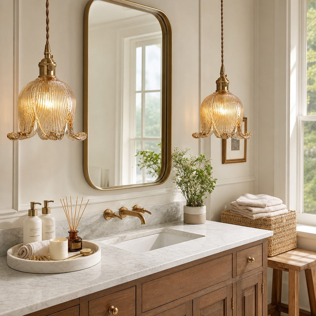 Fawen Retro Floral  Ribbed Glass Shade Pendant Light