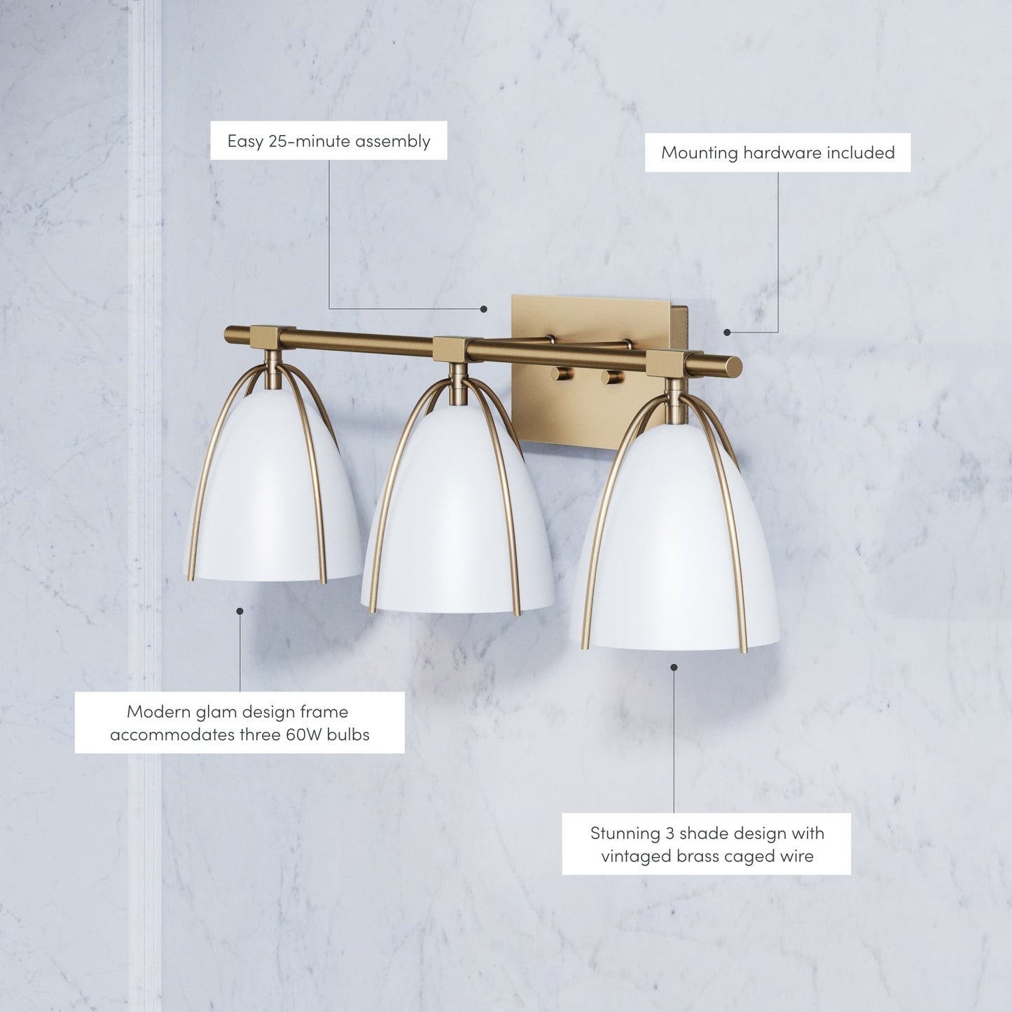 Glyntor 3 Light Metal White Cage Bathroom Vanity Light