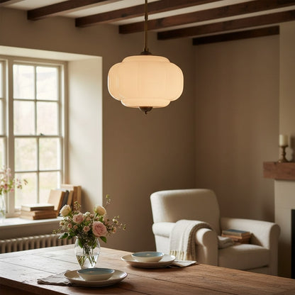 Elegant Eloise Scallop Milk Glass Semi-Flush Mount Ceiling Light - Vintage Brass Frame and Pumpkin Shape