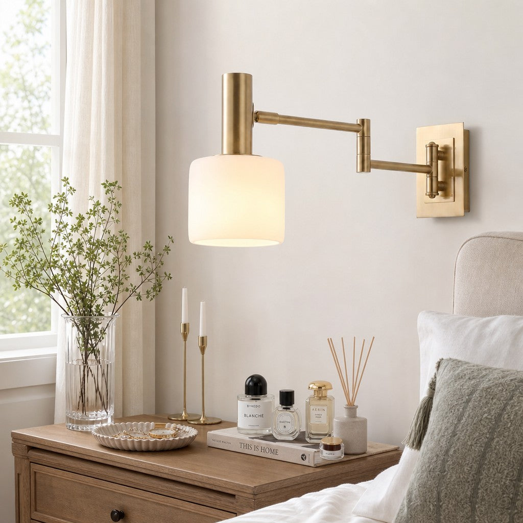 Aura Elegant Brass Swing Arm Porcelain Wall Sconce