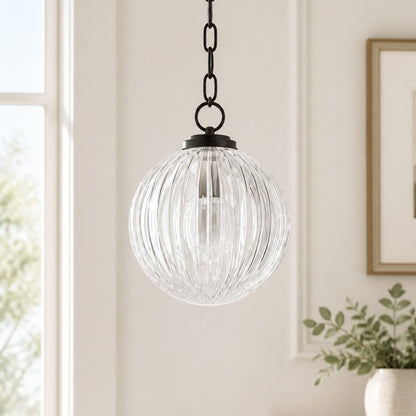 Hana Farmhouse Ribbed Glass Globe Pendant Light