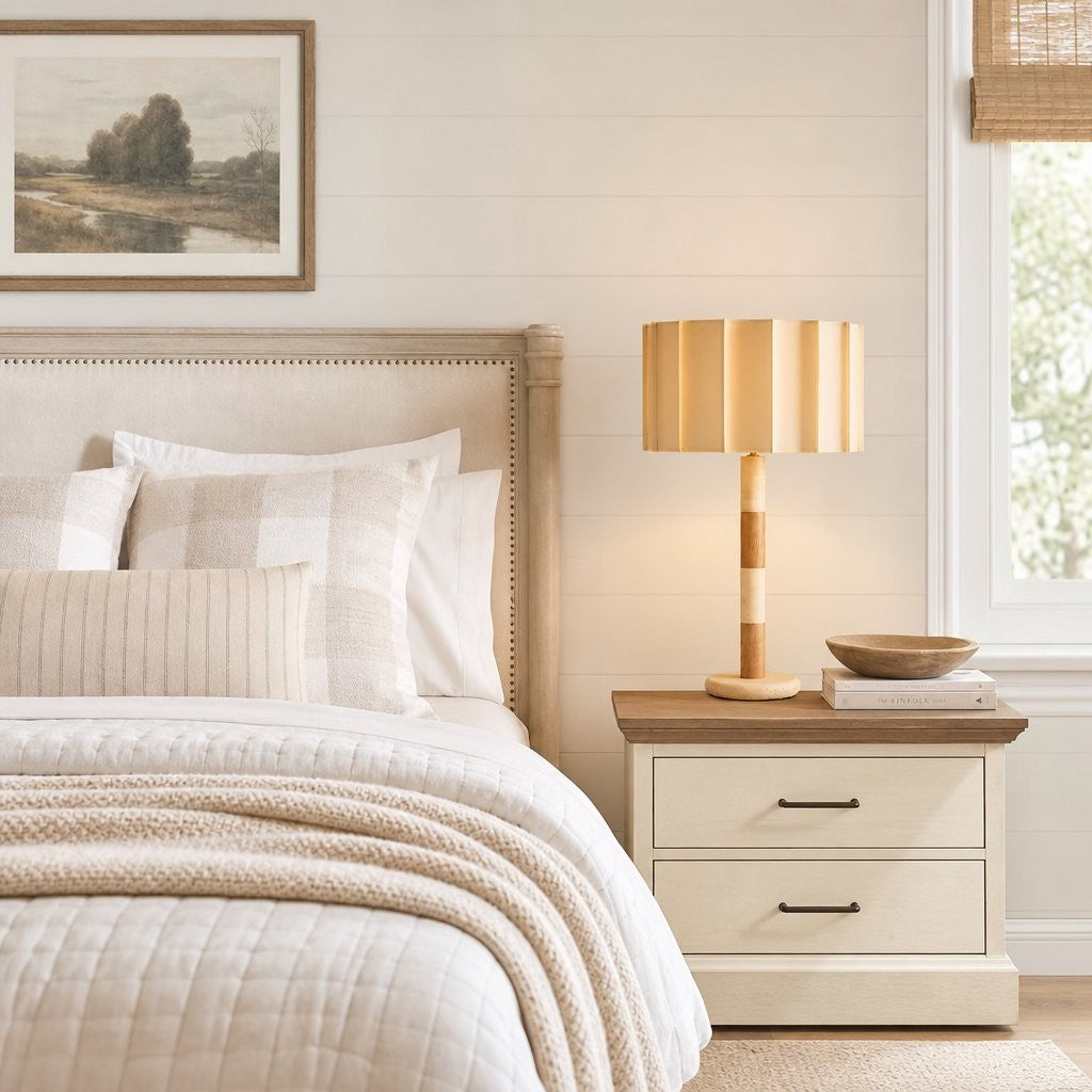 Elaina Natural Travertine Wood Pleated Drum Table Lamp