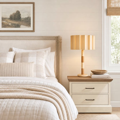 Elaina Natural Travertine Wood Pleated Drum Table Lamp