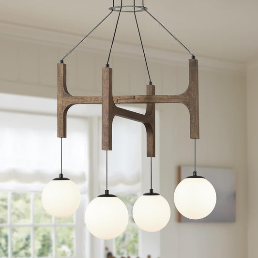 Astraea Farmhouse Wooden Branch Milk Glass Globe Chandelier