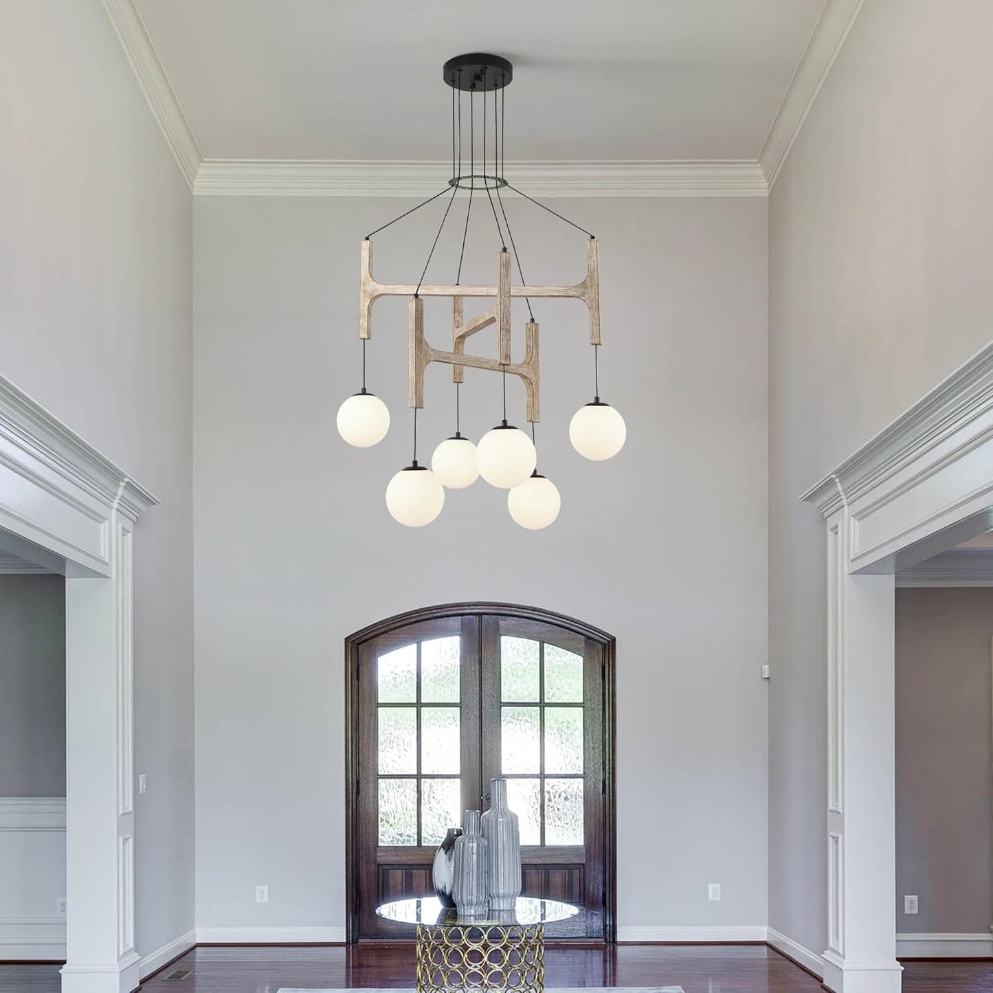 Astraea Farmhouse Wooden Branch Milk Glass Globe Chandelier