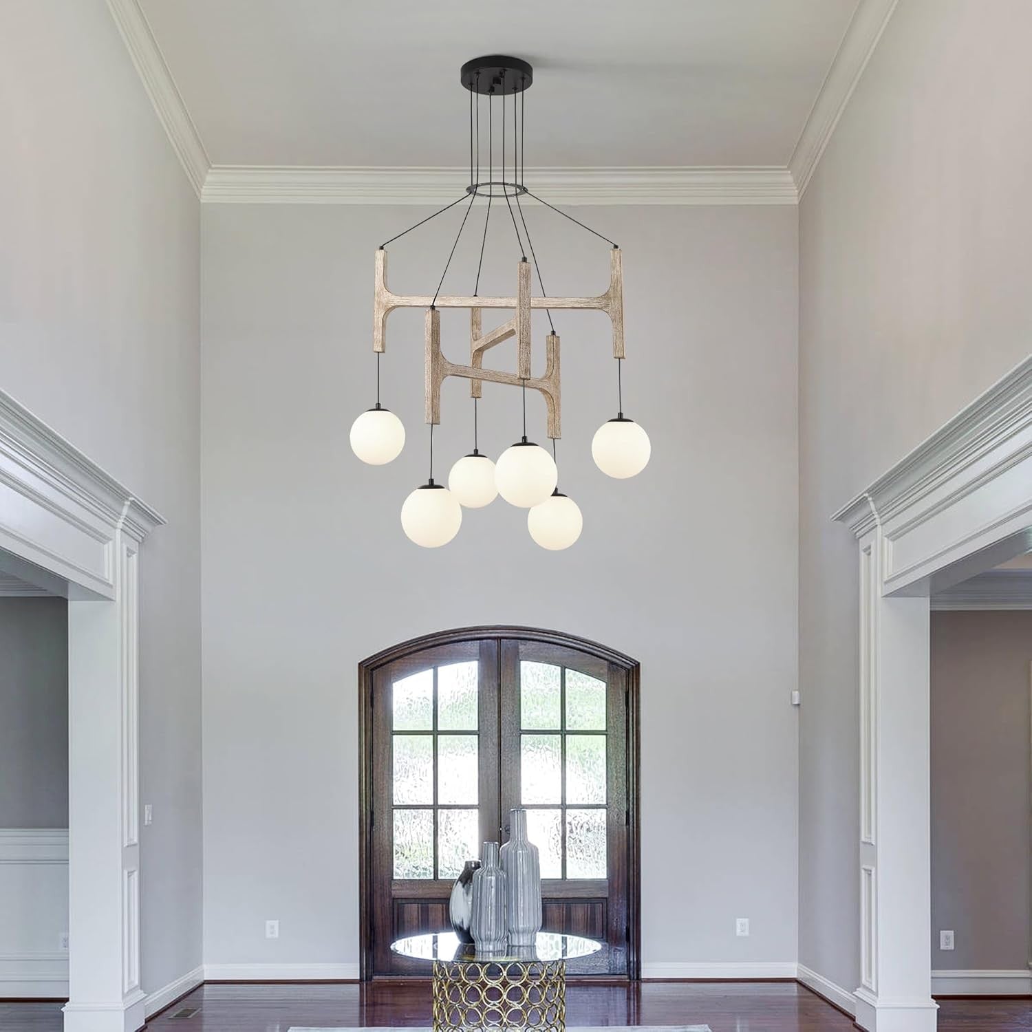 Astraea Farmhouse Wooden Branch Milk Glass Globe Chandelier