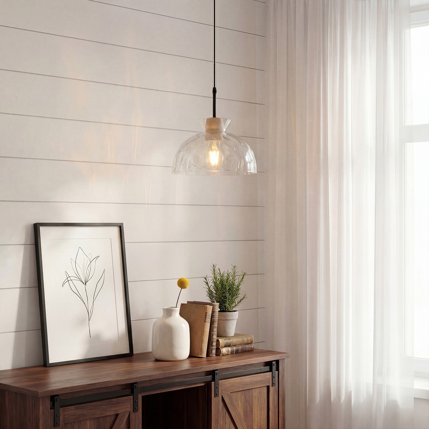 Kethor Mid Century Wood Hammered Glass Dome Pendant Light