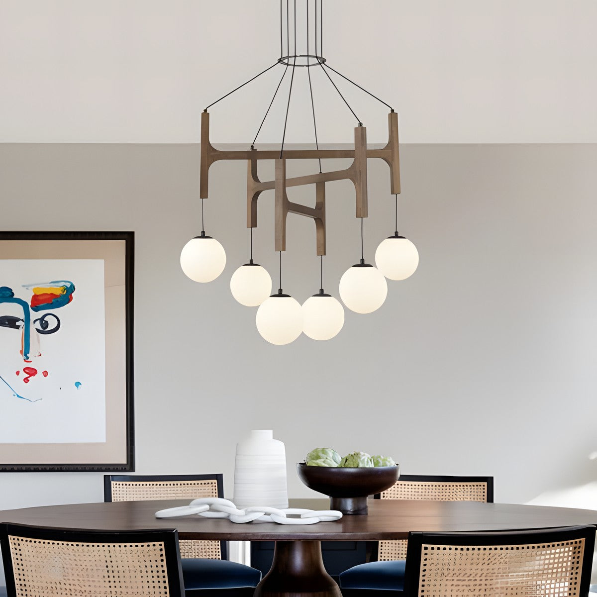 Astraea Farmhouse Wooden Branch Milk Glass Globe Chandelier