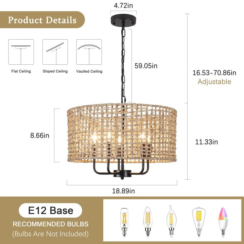 Arlo Bohemian 5 Light Natural Rattan Drum Chandelier