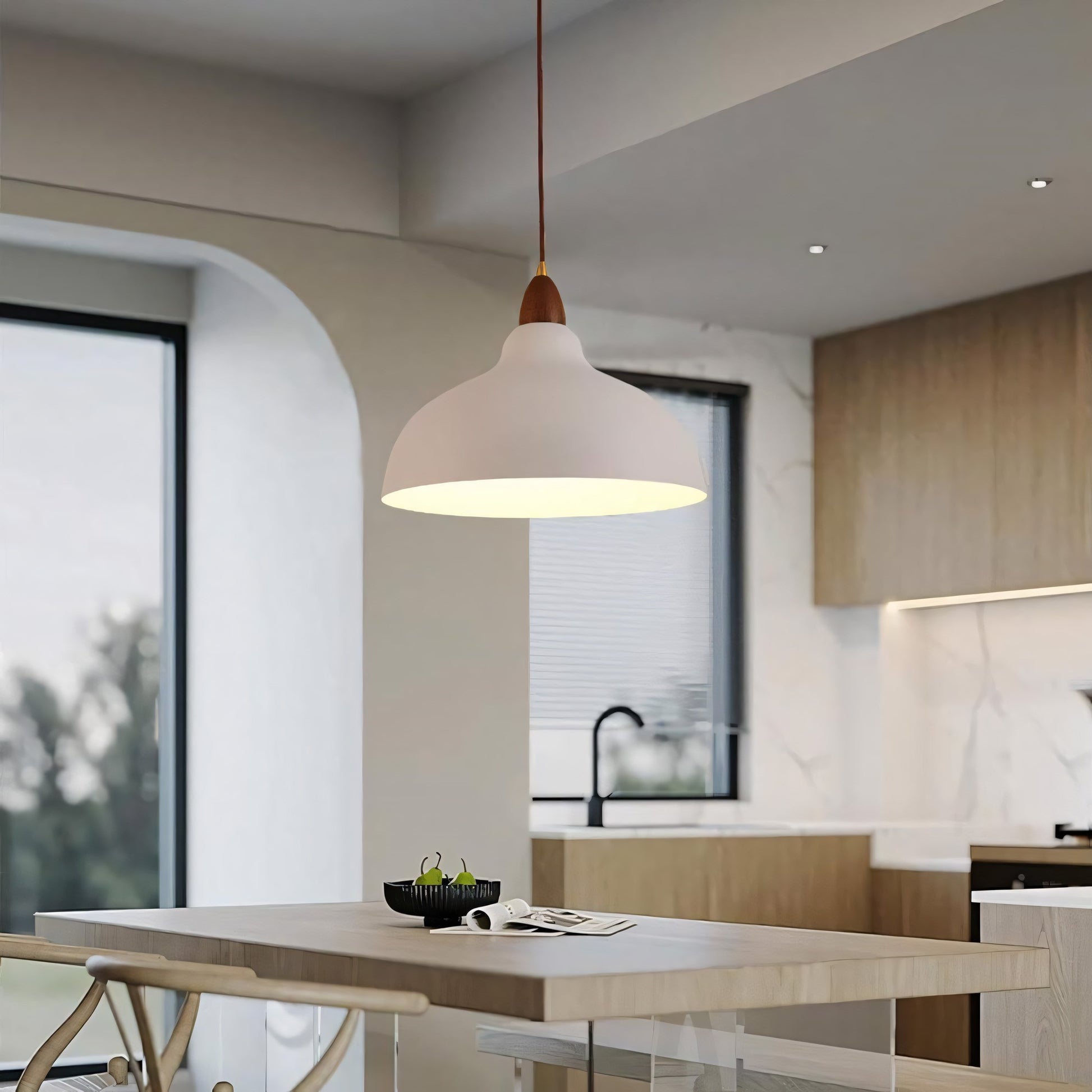 Zarek ‎Minimalist Walnut Wrought Iron Bowl Shaped Pendant Light