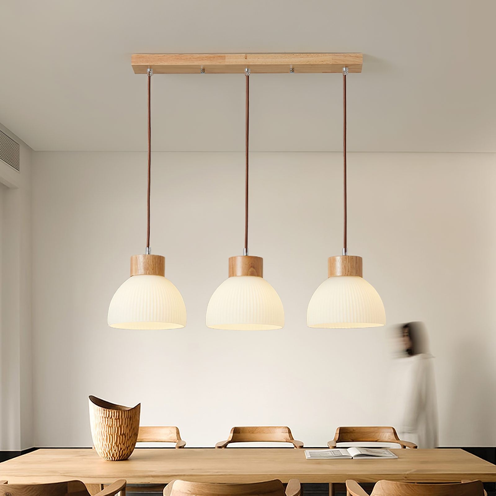 Tyrionth Wood Base 3 Light White Ribbed Glass Shade Pendant Light