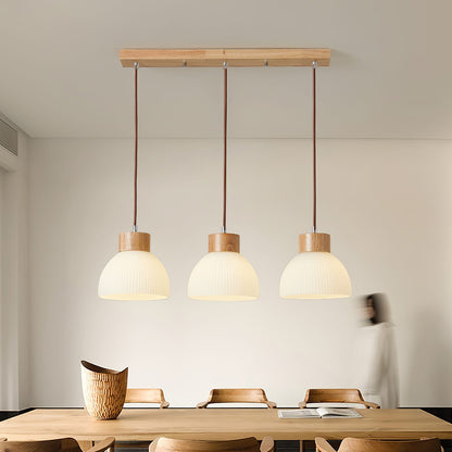 Tyrionth Wood Base 3 Light White Ribbed Glass Shade Pendant Light
