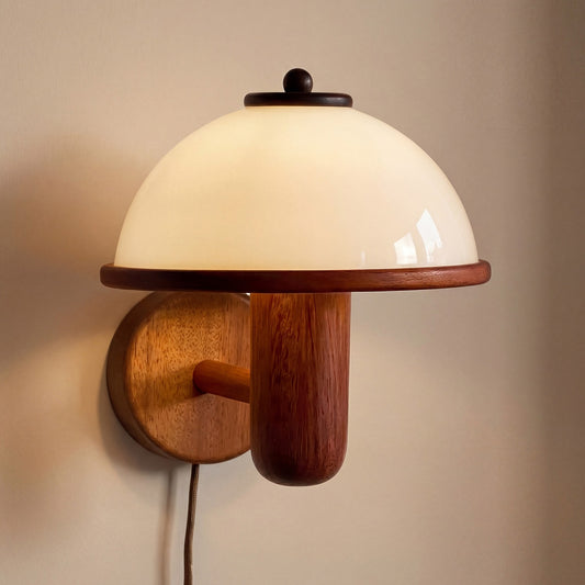 Zera Wood Mushroom White Milk Shade Plug In Sconce