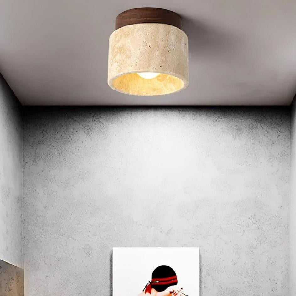 Wiktora Natural Cylindrical Travertine Wooden Ceiling Light
