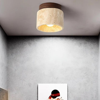 Wiktora Natural Cylindrical Travertine Wooden Ceiling Light