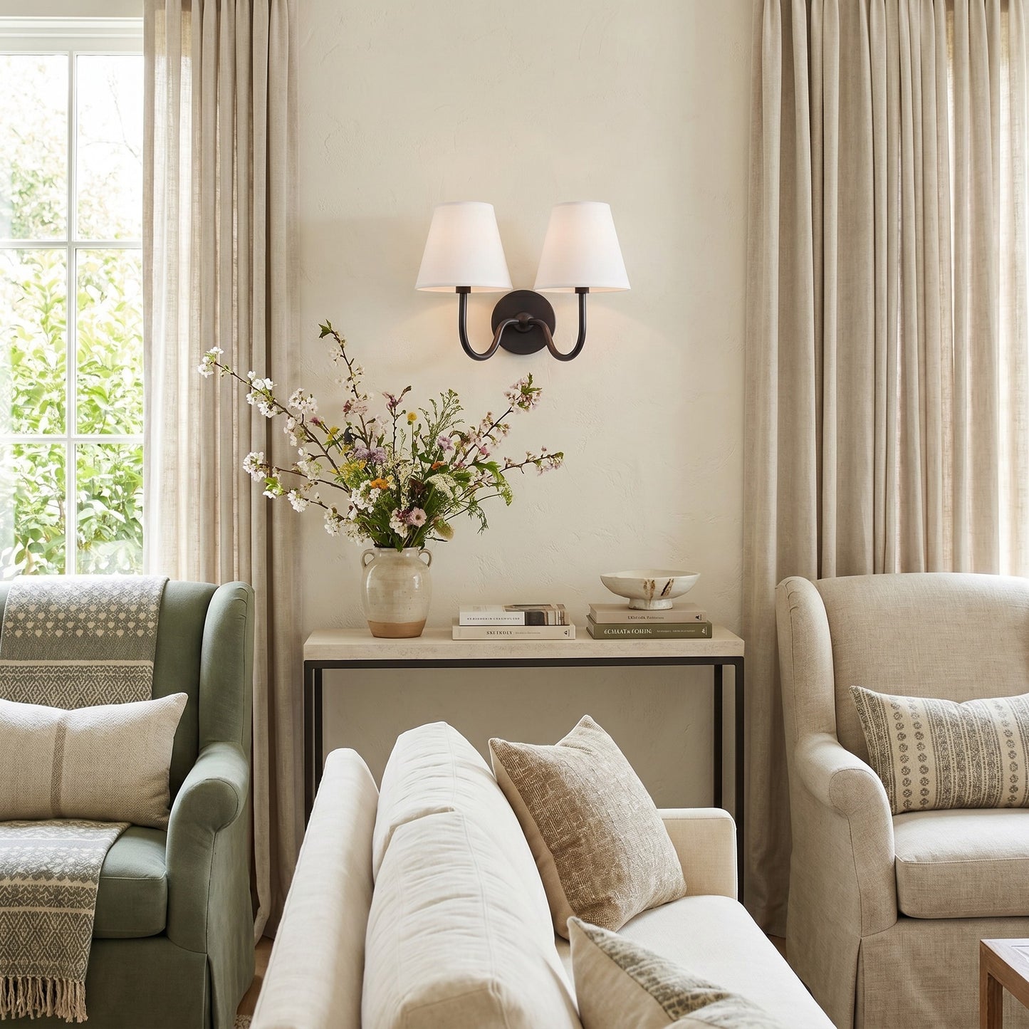Stefania Rustic White Pleated Fabric Shade Sconce