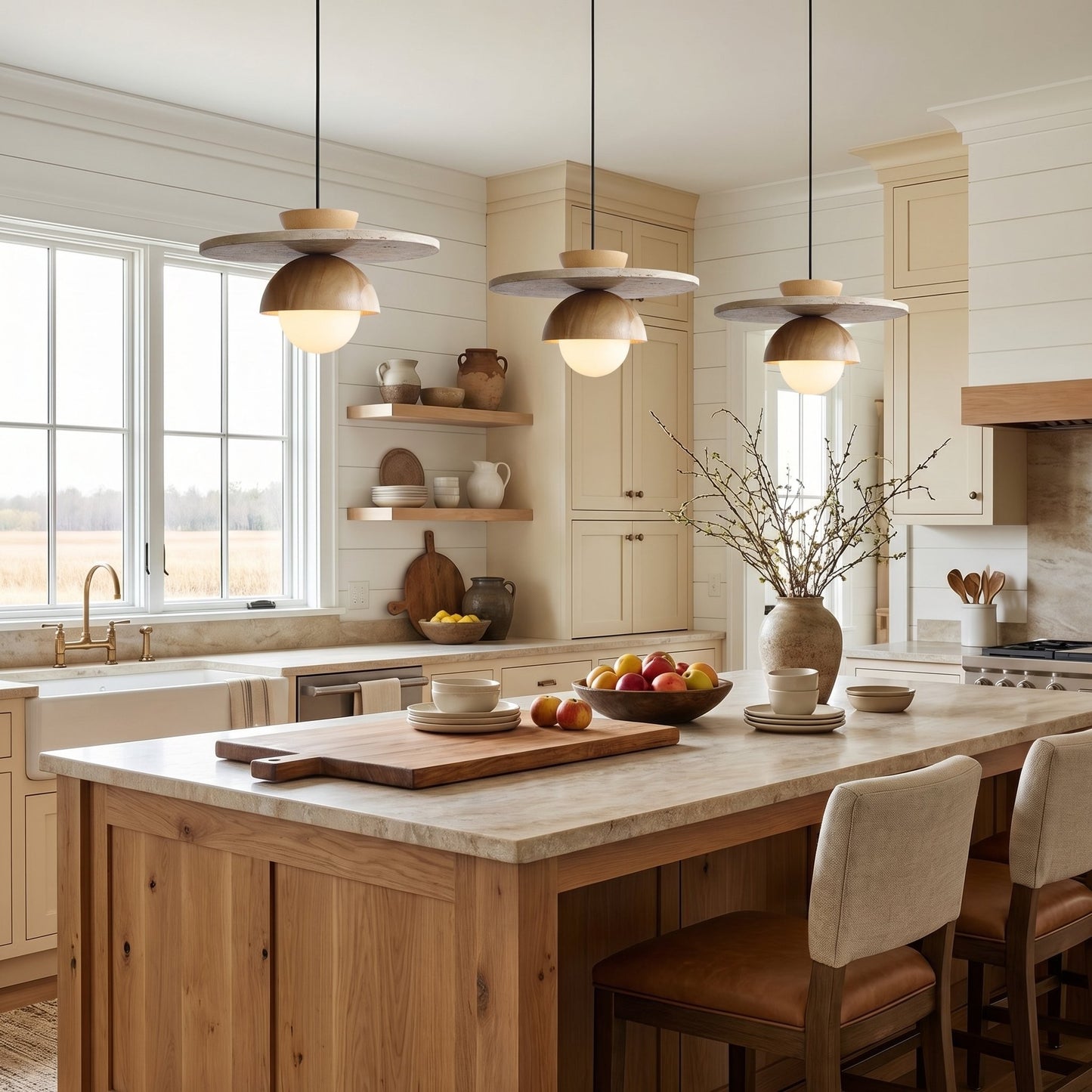 Dagan Wabi-Sabi Travertine Wood Globe Pendant Lamp
