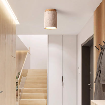 Hyrion Mini Wood And Stone Cylinder Travertine Ceiling Light