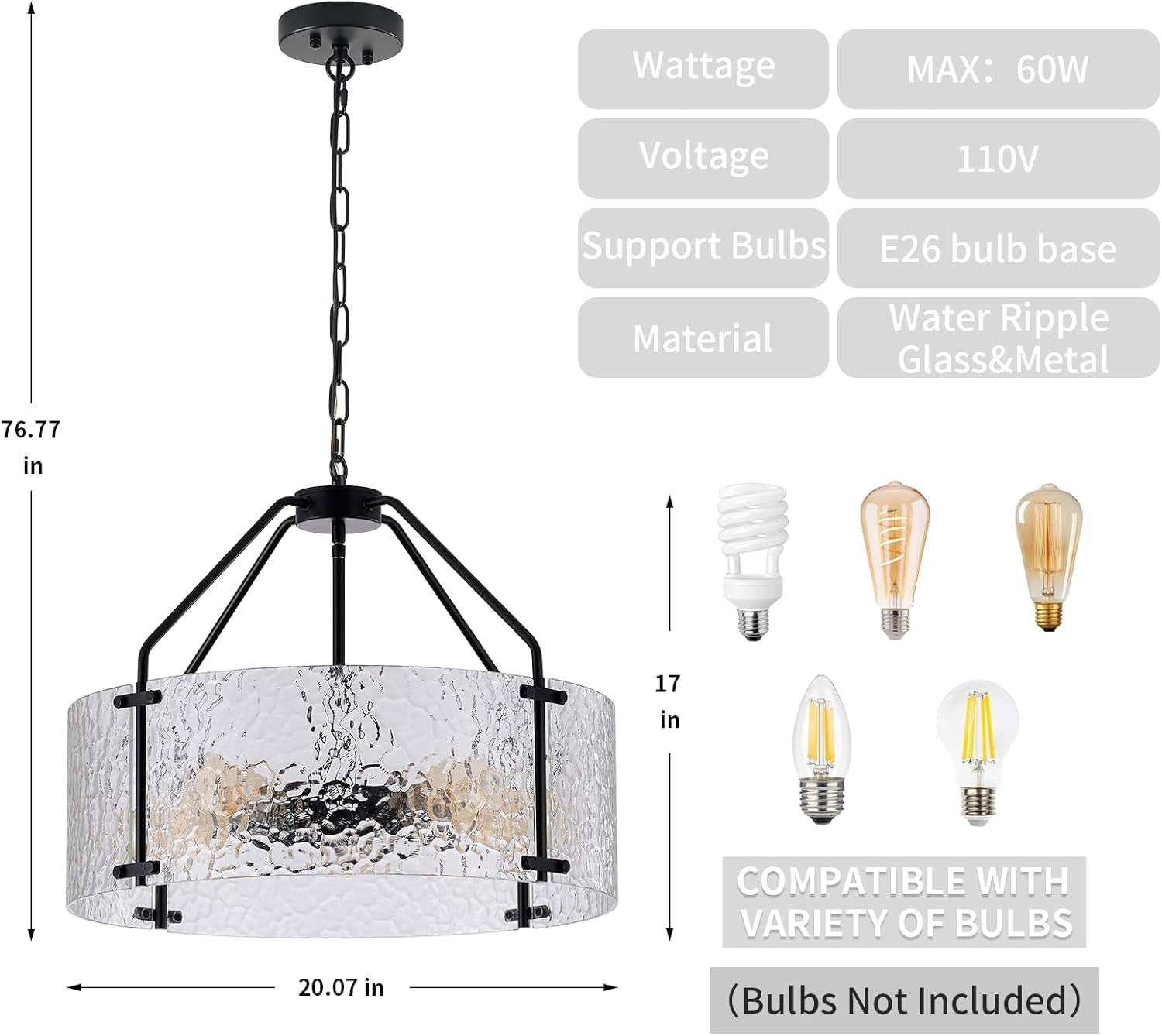 Elys Modern Water Corrugated Glass Drum Shade Pendant Light
