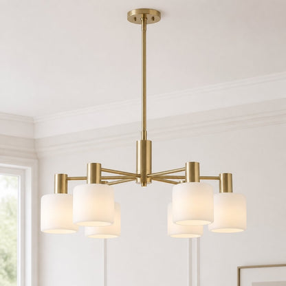 Aura Mid-Century Brass Porcelain Cylinder Chandelier