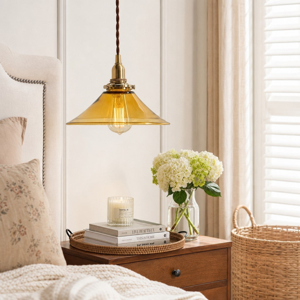 Vythar Retro Brass Cone Amber Glass Pendant Light