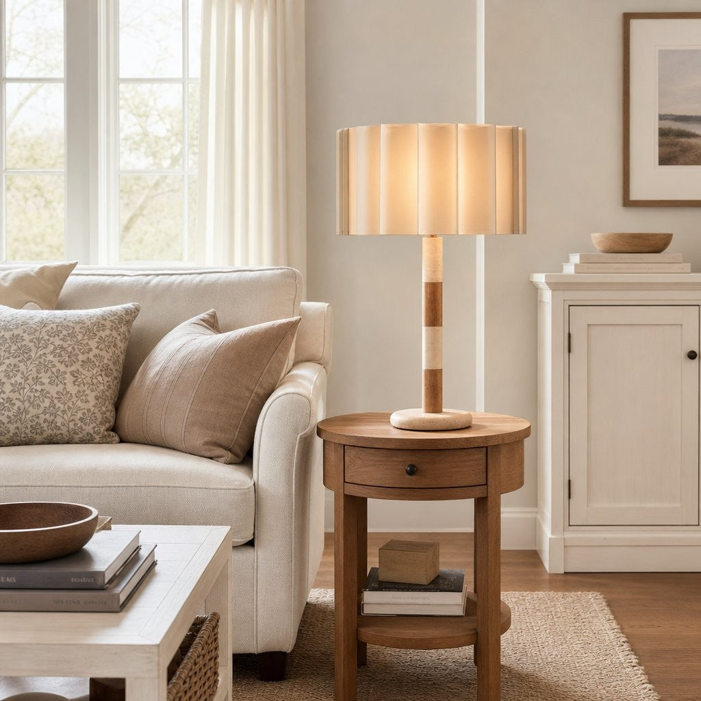 Elaina Natural Travertine Wood Pleated Drum Table Lamp