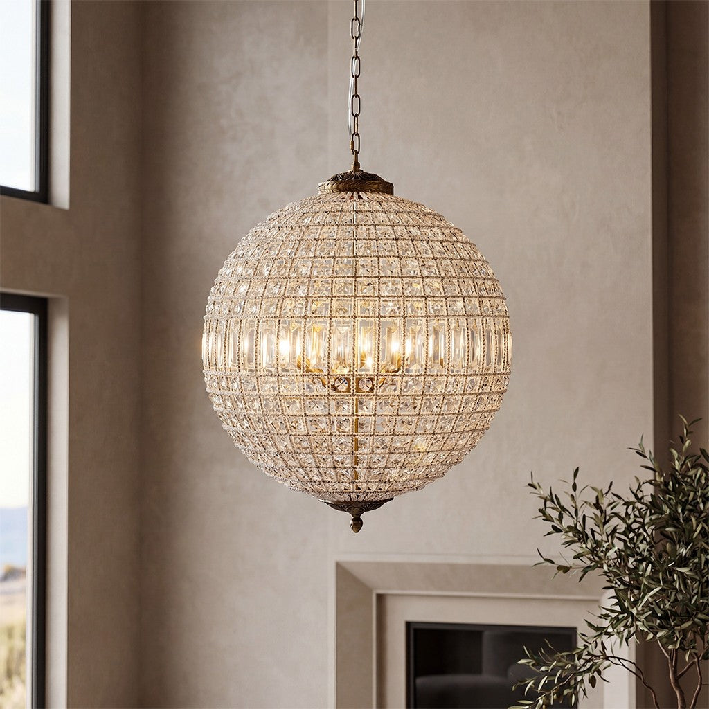 Dion Luxury French Antique Brass Crystal Globe Chandelier