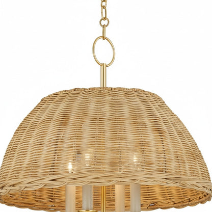 Margaret Minimalist Natural 4-Light Dome Rattan Brass Pendant Light