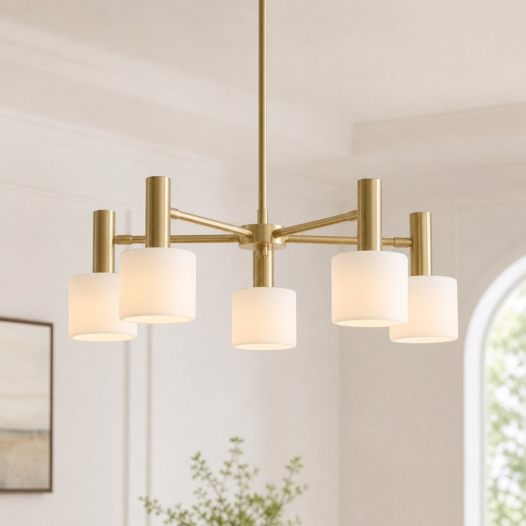 Aura Mid-Century Brass Porcelain Cylinder Chandelier