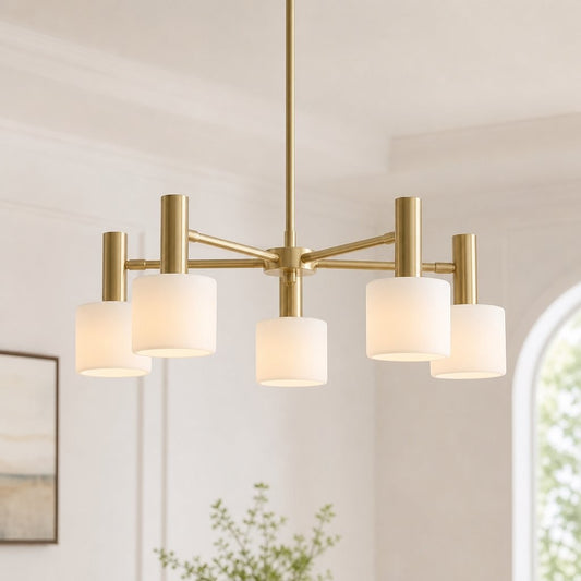 Aura Mid-Century Brass Porcelain Cylinder Chandelier