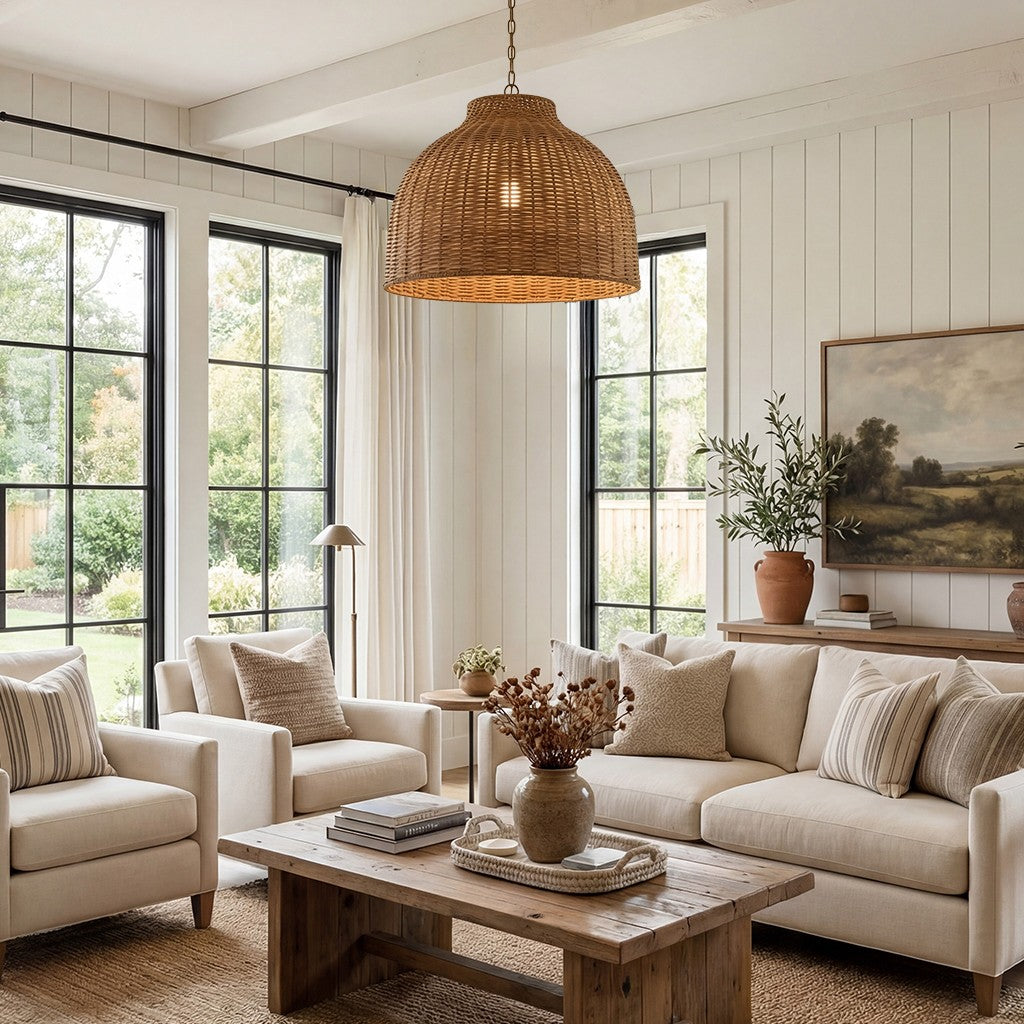 Jirax Farmhouse Rattan Dome Pendant Light