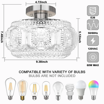 Ixionis Retro Carved Glass Semi Flush Ceiling Light