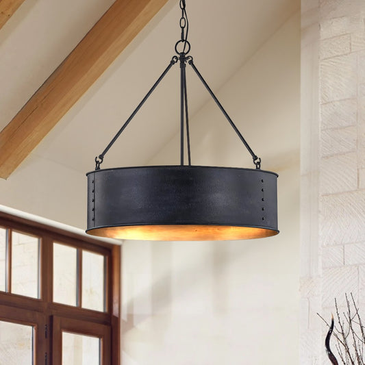 Quillan Industrial Large Black Drum Pendant Light For Dinning Room